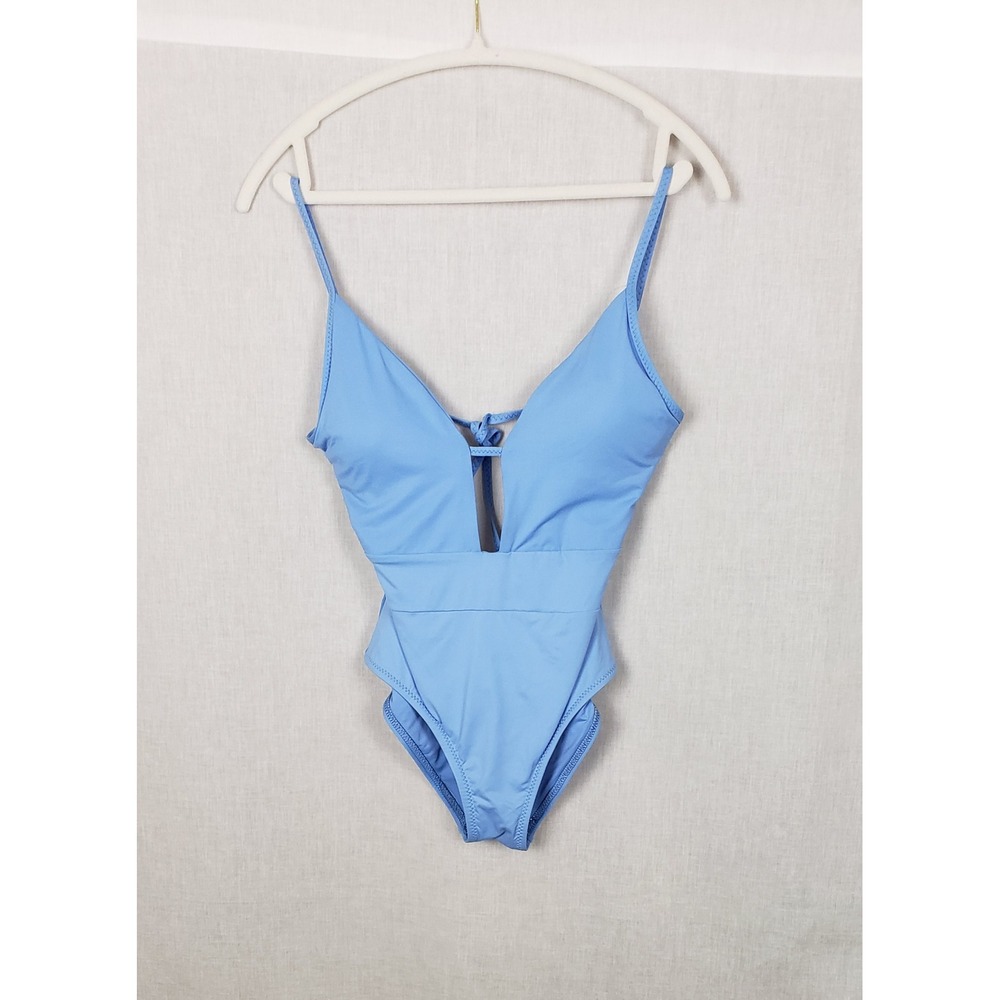 Becca by Rebecca Virtue Blue V-Neck Cutout One Piece Swimsuit S Beach Vacation